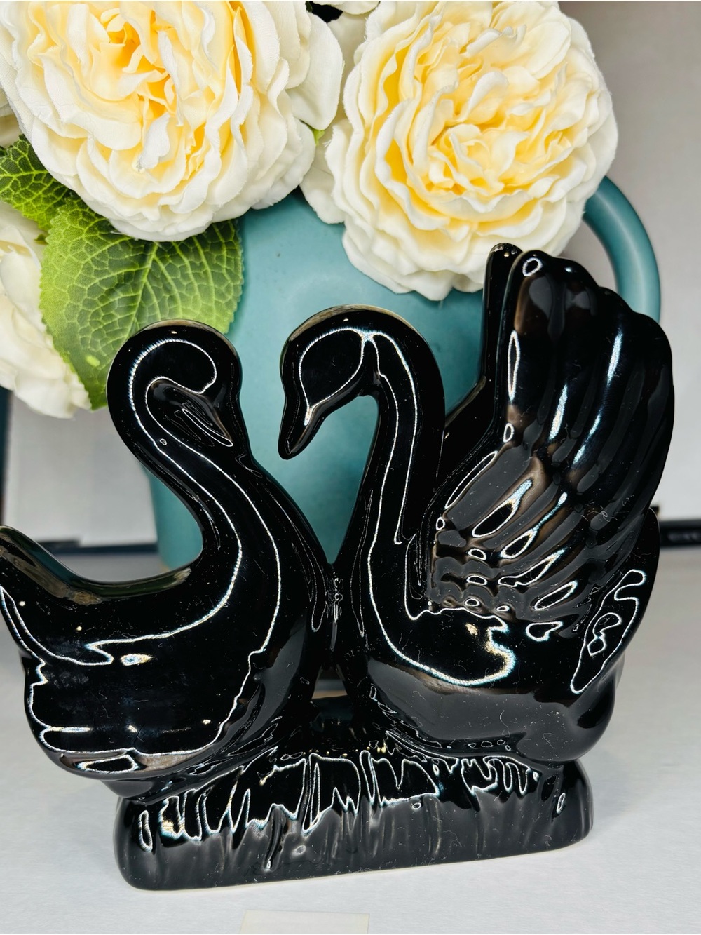 Vintage Glossy Black Swan Figurine Couple